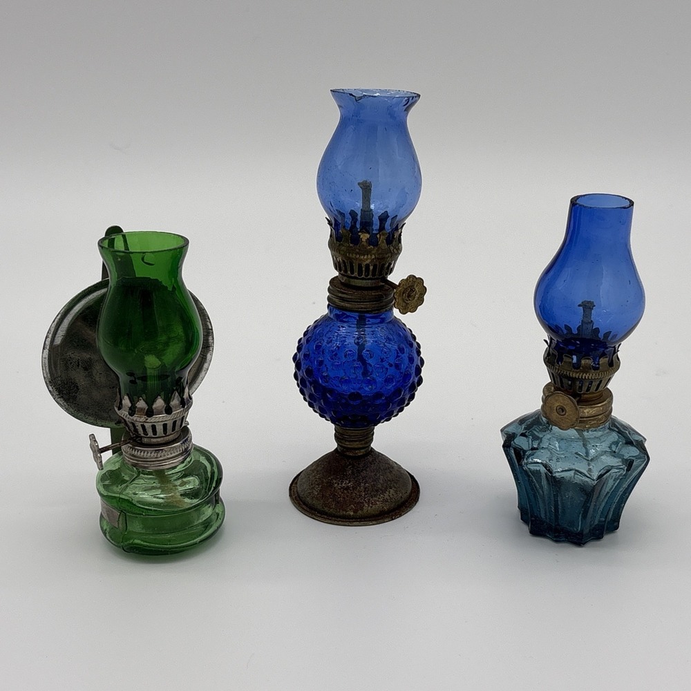 Vintage Miniature Colored Glass Oil Lamps Set Cobalt Hobnail Green Blue Lot of 3 - Picture 1 of 11